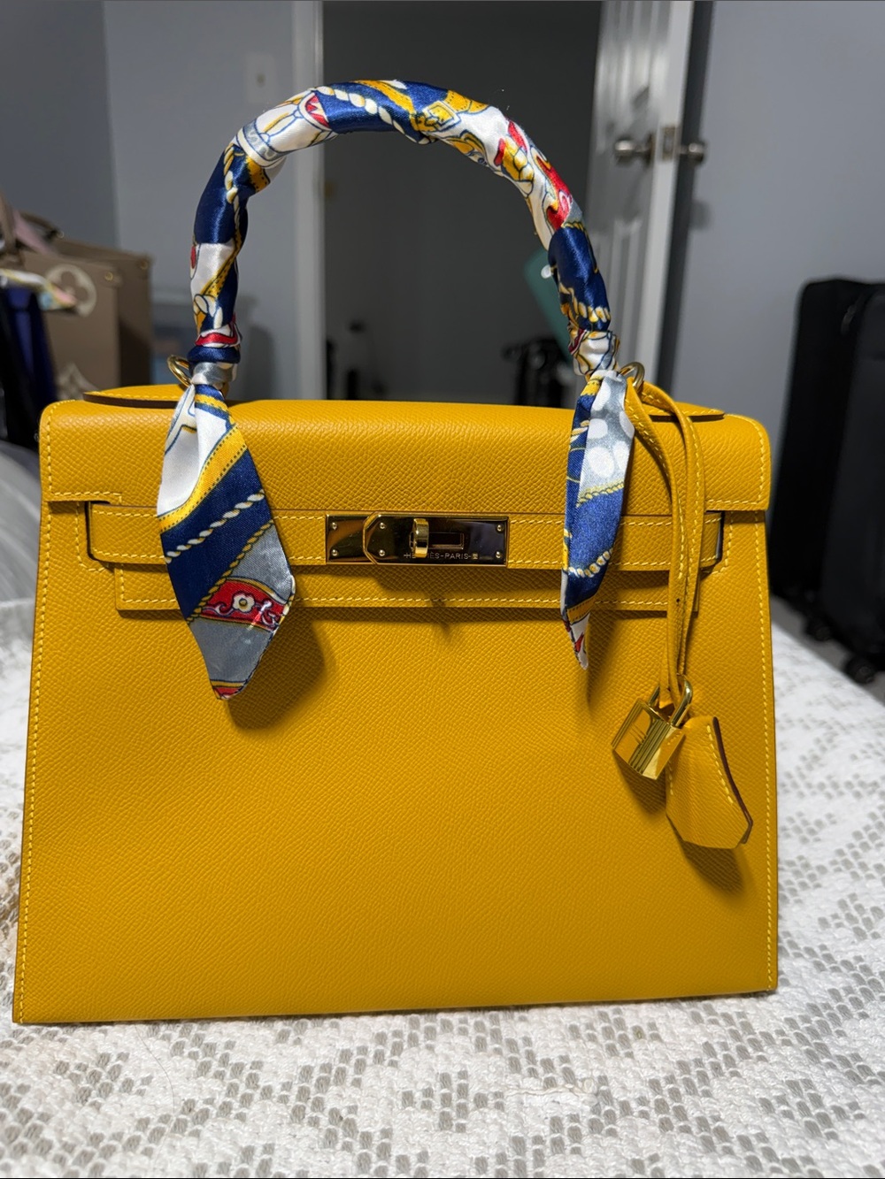 Yellow Structured Top-Handle Womens Bag with Scarf Accent